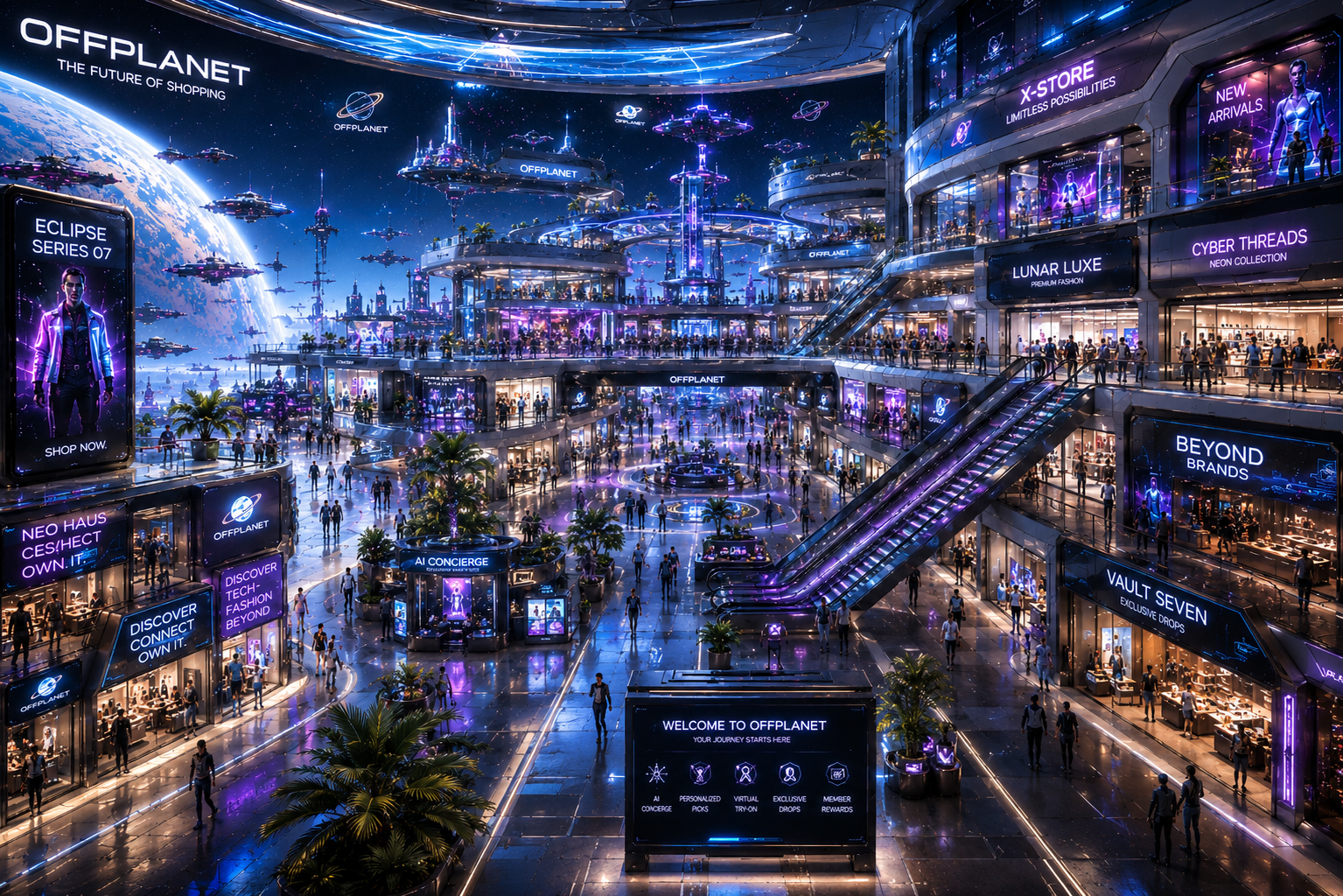 Offplanet cinematic shopping mall — welcome concourse with stores and space vista